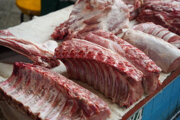 Almaty, Kazakhstan - 03.25.2022 : Different types of meat are sold in a retail store on the open market