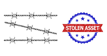 Vector gem collage barbed wire fence icon, and bicolor unclean Stolen Asset watermark. Red round stamp includes Stolen Asset title inside circle. Barbed wire fence mosaic is created from gem parts.