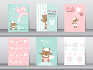 Set of baby shower invitation cards,happy birthday,poster,template,greeting,cute,bear,animal,Vector illustrations.