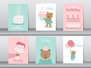 Set of birthday cards,poster,invitation,template,greeting cards,animals,cute, Vector illustrations.