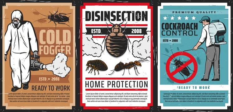 Pest Control Vector Retro Posters, Cockroach Control, Home Protection Of Insects, Cold Fogging Method. Worker Exterminator In Chemical Protective Suit And Mask Spraying Insecticide, Flea, Bug And Ant