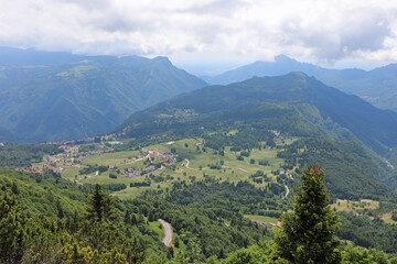 Aerial view of the village called Tonezza in the middle of the mountains of the Veneto Region in Northern Italy