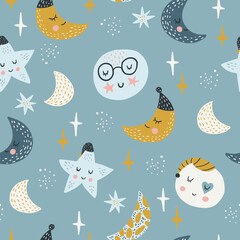 Seamless childish pattern with funny planet characters. Trendy space texture for fabric, apparel, textile, wallpaper. Cute kids print. Vector illustration.