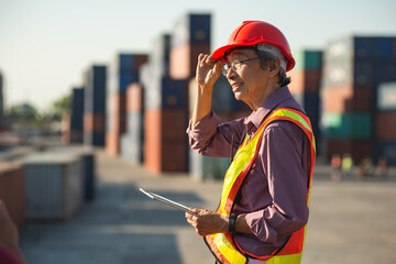 A senior elderly Asian worker engineer wearing safety vest and helmet standing and holding digital tablet at shipping cargo containers yard.