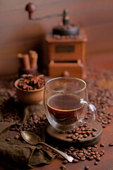 Coffee Latte and Coffee beans on wooden table