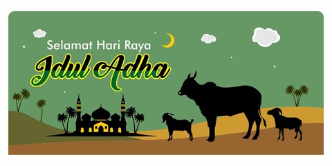 Eid al-Adha greeting card concept illustration with silhouette goat, sheep and mosque. Selamat hari raya Idul Adha 1442 H is another language of Eid al-Adha mubarak in Indonesian. banner background.