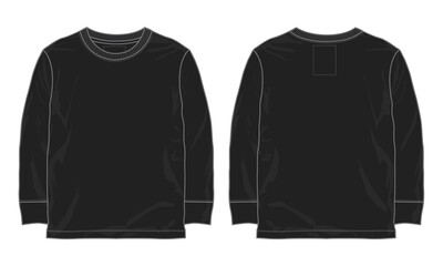 Long sleeve T shirt overall technical fashion flat sketch vector Illustration Black Color template front and back views. Basic apparel Design Mock up for Men's and boys.