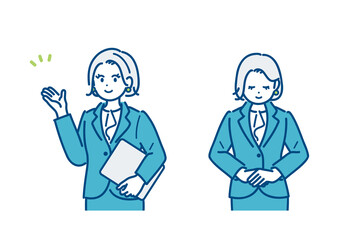 案内、お辞儀をするビジネスウーマンのイラストセット