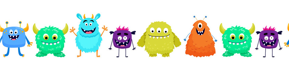 Seamless border with cute colorful monsters. Funny cool cartoon fluffy monster, aliens or fantasy animals for childish cards and books. Vector endless border on white background. © Elena