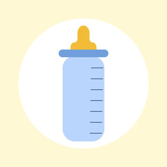 Vector illustration of a baby bottle in blue color for a baby boy. On a yellow background