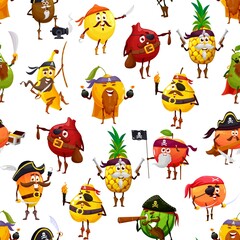 Cartoon fruit pirates, corsairs and filibusters seamless pattern. Vector background with banana, kiwi, lemon and orange, mandarin, garnet, pineapple, pear, apple, quince, mango and watermelon
