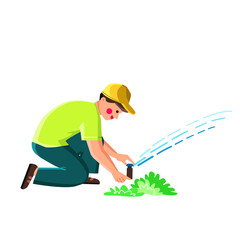 Lawn Watering System Fixing Man Gardener Vector. Boy Professional Garden Irrigation Technician Checking And Repairing Watering System In Garden. Character Flat Cartoon Illustration