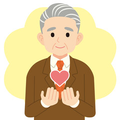 ハートを持つスーツのシニア男性＿線なし