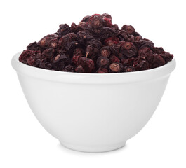 Bowl of tasty dried currants on white background