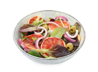 Bowl of delicious sicilian orange salad isolated on white