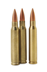 Three bullets on white background. Military ammunition