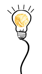 Yellow crumpled paper ball and drawn lamp bulb on white background