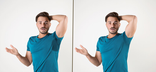 Man in t-shirt before and after using deodorant on white background - obrazy, fototapety, plakaty