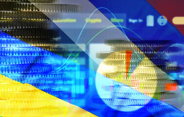 Multiple exposure of Ukrainian, Russian flags, coins and digital stock exchange market charts