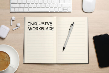 Inclusive workplace. Flat lay composition with notebook on wooden table