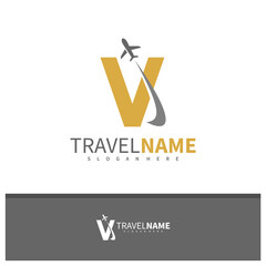 Airplane with Letter V logo design vector, Creative Travel logo concepts template illustration.