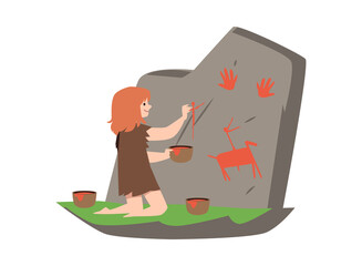 Kid character in skin of animal paints on rock by hand flat style