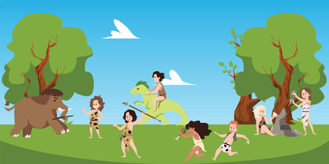Obraz na płótnie Canvas Stone age kids running and hunting mammoth with spear, nature landscape, flat vector illustration.