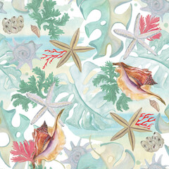 Watercolor painting seamless pattern with tropical leaves and seasheels, seastars, coral, seaweeds - 507956731
