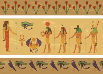 Papyrus with image of Egypt gods, ankh and scarab flat style