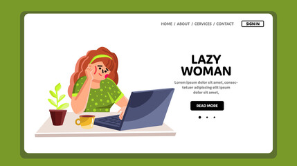 Lazy Woman Watching Boring Movie On Laptop Vector. Lazy Woman Using Digital Computer At Workspace. Bored And Laziness Character Girl Use Notebook Device Web Flat Cartoon Illustration