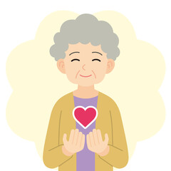 ハートを持つシニア女性＿線なし