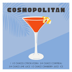 Cosmopolitan Cocktail in martini glass garnished with lemon twist. Summer aperitif recipe. Retro minimalist square print. Card with alcoholic beverage with tropical palm shadow. Vector illustration.