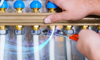 Plumbing service. steel of a heating system in boiler room concept