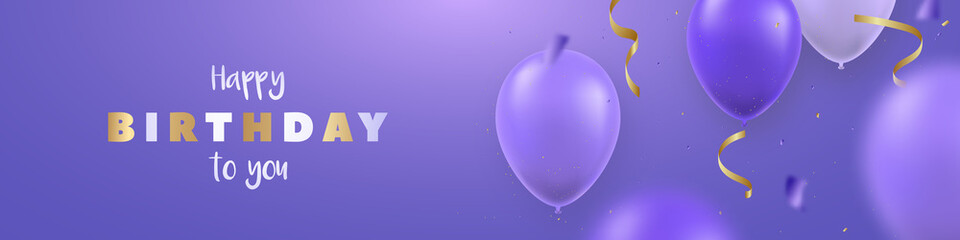 Long horizontal banner with realistic blue balloons, gold serpentine and text Happy Birthday. Very peri background for party, birthday, greetings, invitations. Motion blur effect.