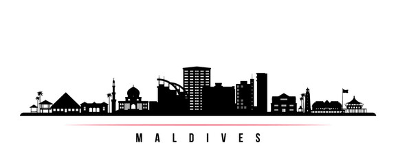 Maldives skyline horizontal banner. Black and white silhouette of Maldives. Vector template for your design. - obrazy, fototapety, plakaty
