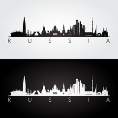 Russia skyline and landmarks silhouette, black and white design, vector illustration.
