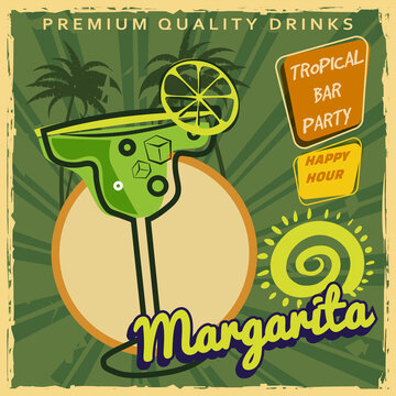 Margarita Retro poster design. Cocktail lounge vintage background, scratched old textured paper