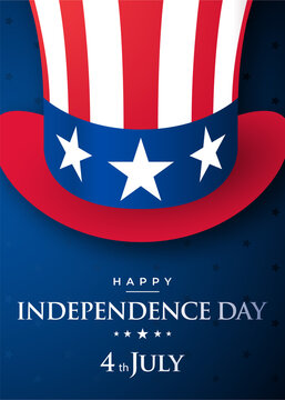 Happy 4th of July, independence day of USA. Greeting poster with text and Uncle Sam hat.