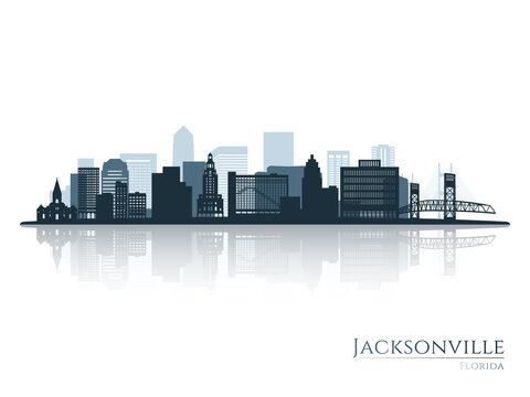 Jacksonville skyline silhouette with reflection. Landscape Jacksonville, Florida. Vector illustration.