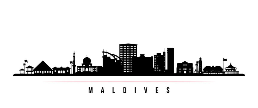 Maldives skyline horizontal banner. Black and white silhouette of Maldives. Vector template for your design.