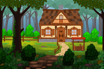 Wooden hut in the forest illustration	