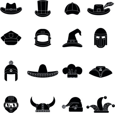 Headwear hats black and white flat vector collection icons