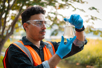 Scientists team collect water samples for analysis and research on water quality, environment with...