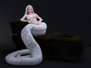 3D Render : A female white snake demon character relaxing on the rock  in the studio background