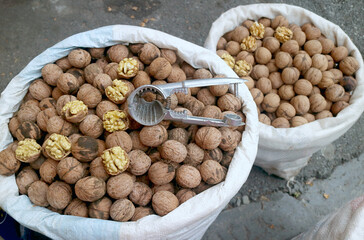 Heap of Raw Walnut for Sale on a Local Market in Armenia