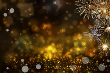 Fototapeta premium Abstract golden glitter and bokeh light background. with fireworks