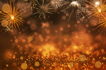 Red glitter and bokeh background with fireworks.