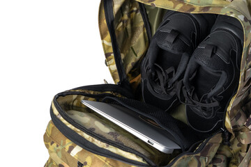 Naklejka premium Open military backpack of khaki color on a white background