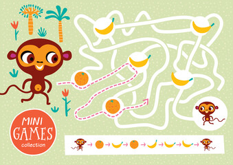 Funny maze for children. Feed the monkey. Mini games collections.