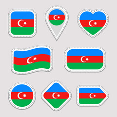 Azerbaijan flag vector stickers collection. Azerbaijani isolated geometric icons. Country national symbols badges. Web, sport page, patriotic, travel design elements. Different shapes.